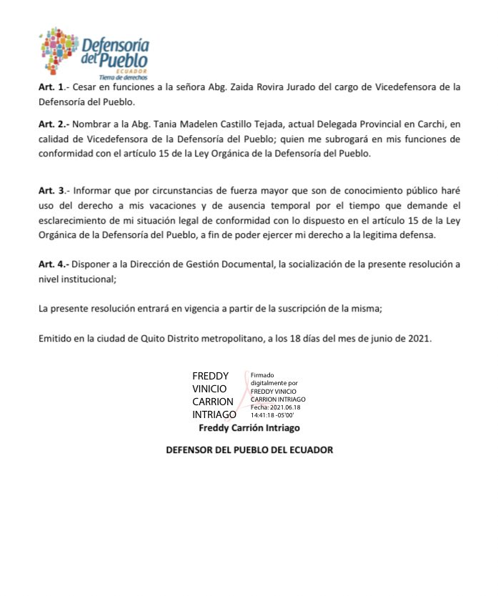 LaMirilla_Ec's tweet photo. 🟪🟪🟪 #Atención El Defensor del Pueblo
@freddcarrion resuelve cesar de sus funciones a #ZaidaRovira del cargo de Vicedefensora de la
@DEFENSORIAEC
#TaniaCastillo es designada Defensora del Pueblo subrogante https://t.co/hxZFcCB5VM