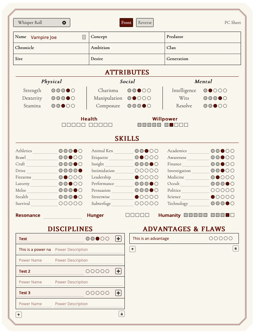 Vampire the Masquerade character sheets