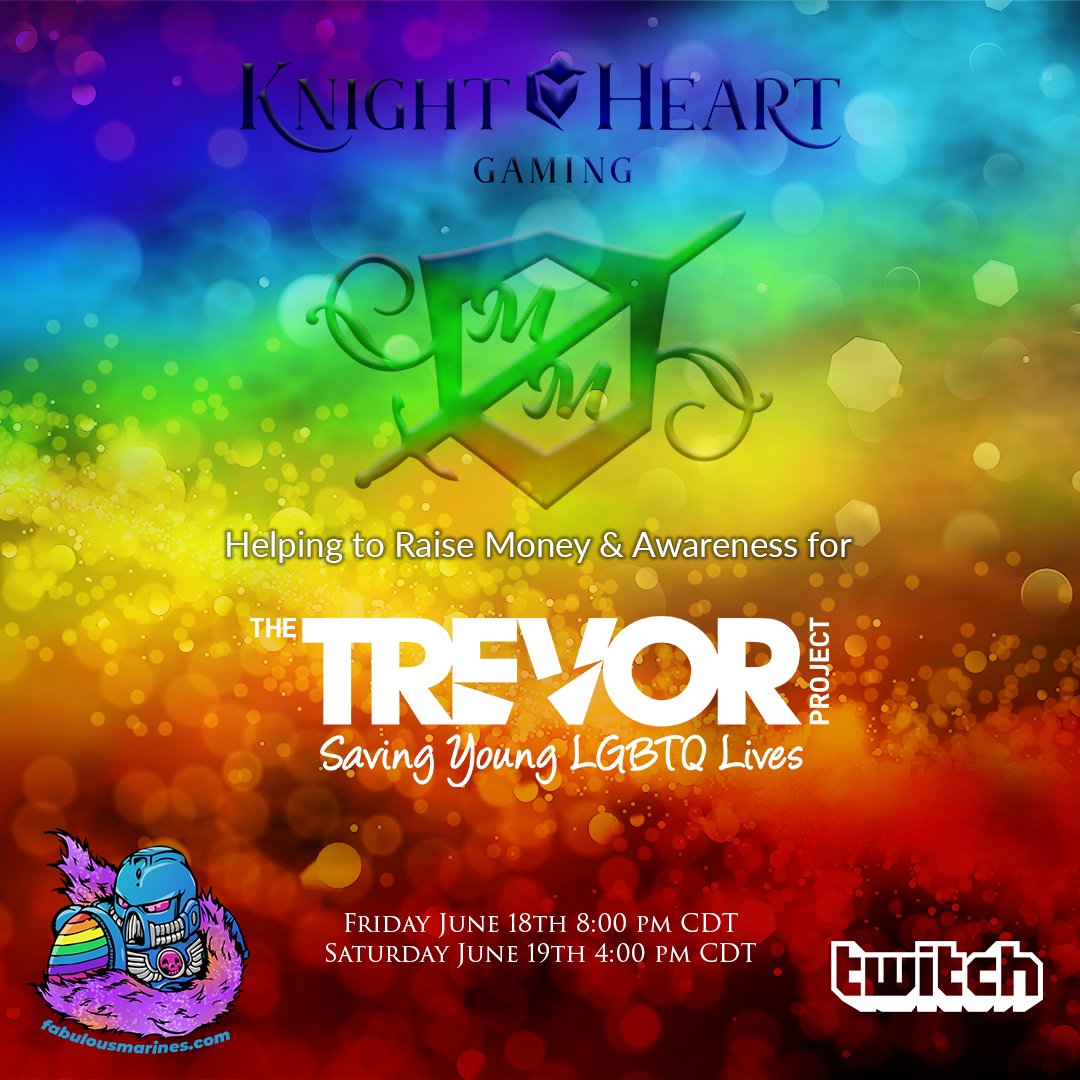 Join us tonight and tomorrow at 8:00pm CDT and 4:00pm CDT respectively for some D&amp;D; raising money for The Trevor Project. twitch.tv/knightheartgam… 

#FabulousMarines2021 #dungeonsanddragons #MaximumMaidens