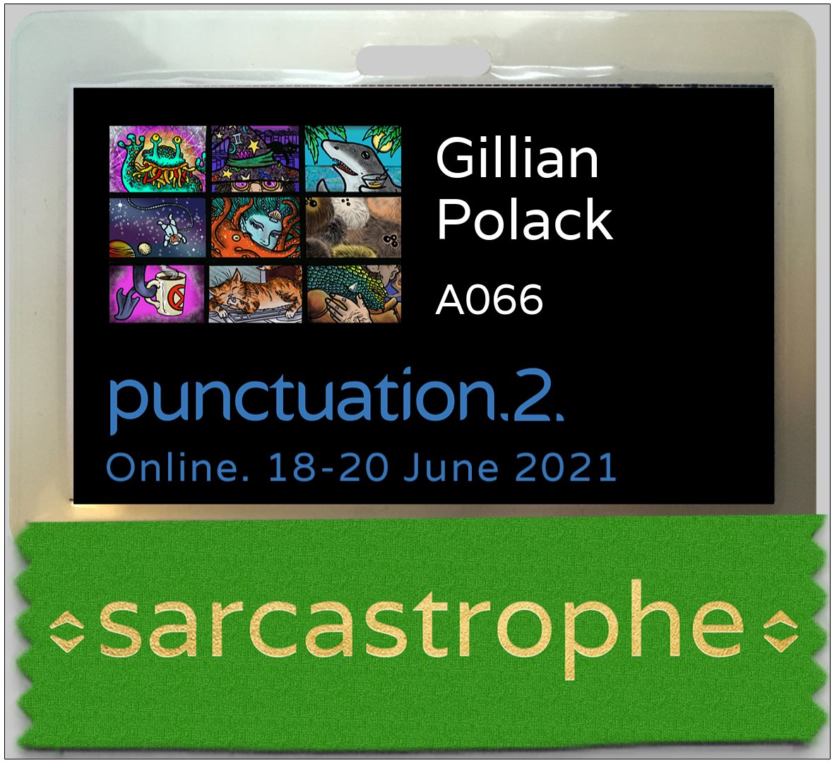 GillianPolack's tweet photo. My later-today includes an online SF convention. My first task at the convention is a food panel. My first ribbon is my affiliation for #punctuation2 and I fear the committee know me too well. https://t.co/dvnIK1ssdC