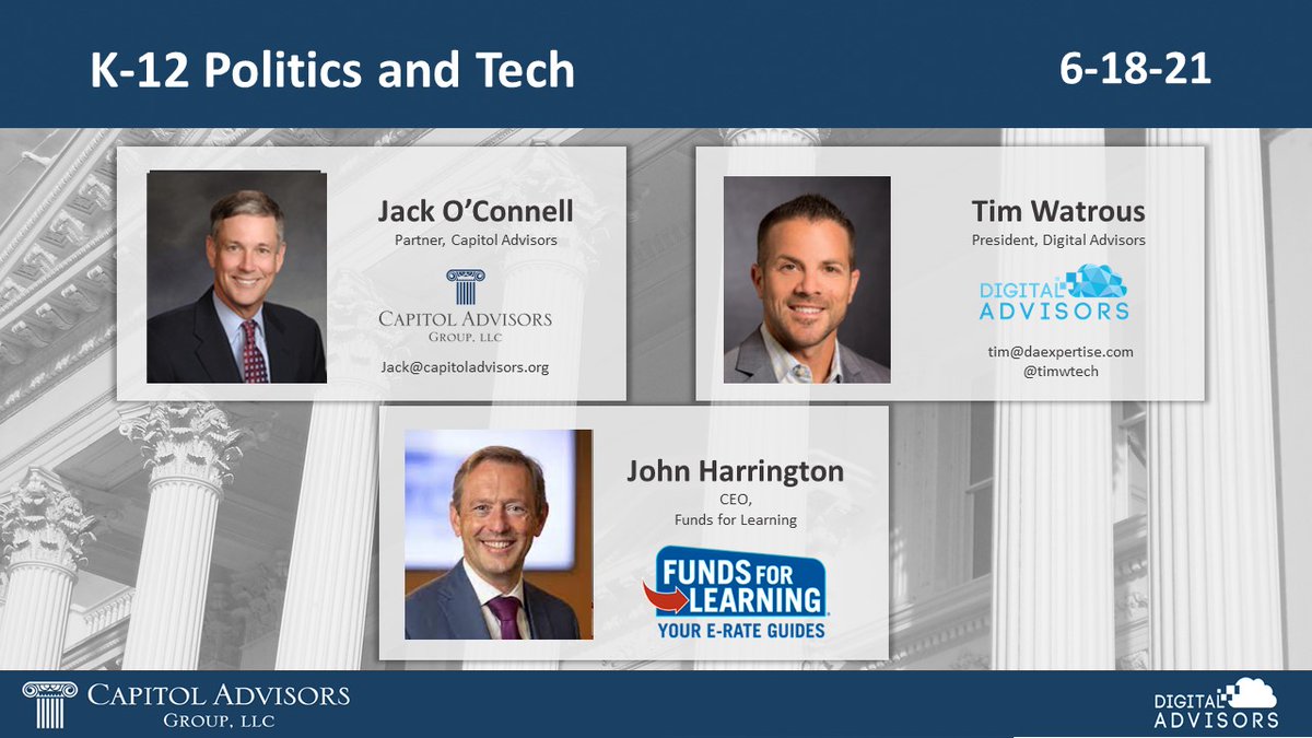 #Education Leaders Stay Informed - Click here to view #K12 Politics &amp; Tech - bit.ly/K12Leaders 

John Harrington joins Jack O'Connell &amp; I to discuss

*New Details &amp; Tight Timeline to leverage FCC $7 Billion to bridge the #digitaldivide 

*Federal &amp; California Budget Updates