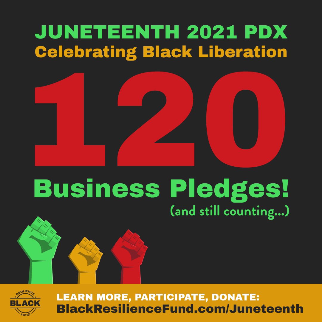 blackresiliency's tweet photo. 🚨 That makes 120! Check out the sponsorship map of businesses that have taken the Juneteenth PDX 2021 pledge: https://t.co/YM7NZUR43f
If you’re a local business and want to pledge your support, visit https://t.co/TYEw1thuYH
#ThisIsAction #WeDoHeal https://t.co/GKhbnH4S7E