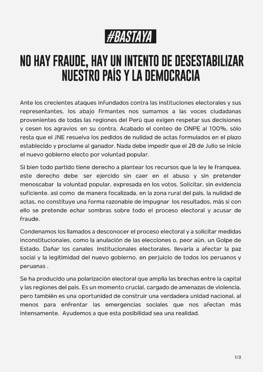 EdMalagaTrillo's tweet photo. Me sumo al reclamo #BastaYa, por un país reunificado, con pluralidad y diversidad, con consensos y discrepancia, pero sin polarización ni extremismos de ningún tipo
#Paz

Para los interesados en firmar:

https://t.co/fBkRz9DYDV https://t.co/asPj6BqaSX