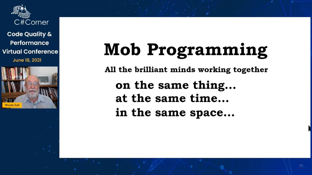 CSharpDotTV's tweet photo. C# Corner Code Quality & Performance Virtual Conference: Welcome @WoodyZuill, who is talking about Mob Programming and the Power of Flow.
Catch him live here>> https://t.co/ACnqgFff6N
#CodeQuality #CsharpLiveShow #Coding #Stratisplatform #grapecity #CodeQualityConf21 https://t.co/I9PGn91gdT