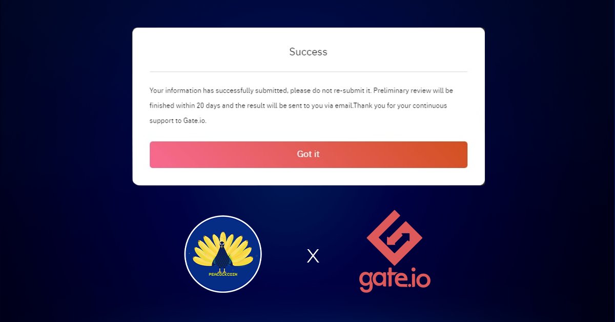 PeacockCoin's tweet photo. NEXT EXCHANGE APPLICATION SUBMITTED!✅ @gate_io 
#PEKC TO THE MOON! 🚀🌜

#NFT #Crypto #Investing #Moonshot #next100 #cz_binance #BSC #BSCGem #elon #altcoin #nftart #NFTCommunity #nftcollectors #PEKCArmy https://t.co/tnYC9Upe81