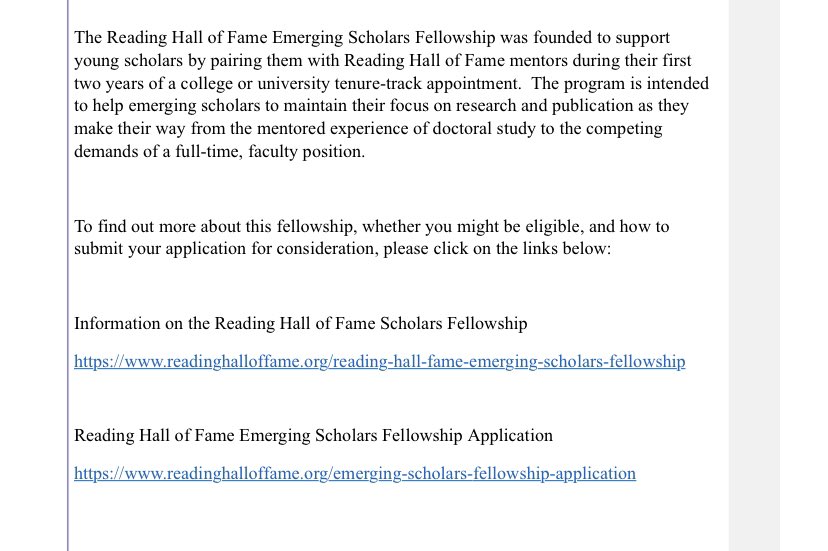 Consider applying for Reading Hall of Fame Emerging Scholars Fellowship!  Go to readinghalloffame.org/reading-hall-f… for information and the application link.