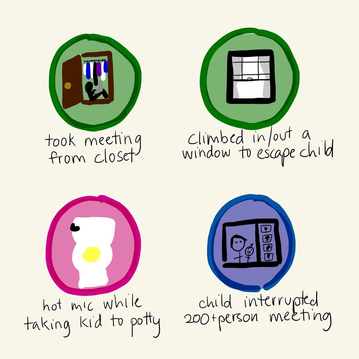 made some scout badges for parents who are working from home. earn all 4 before your office reopens