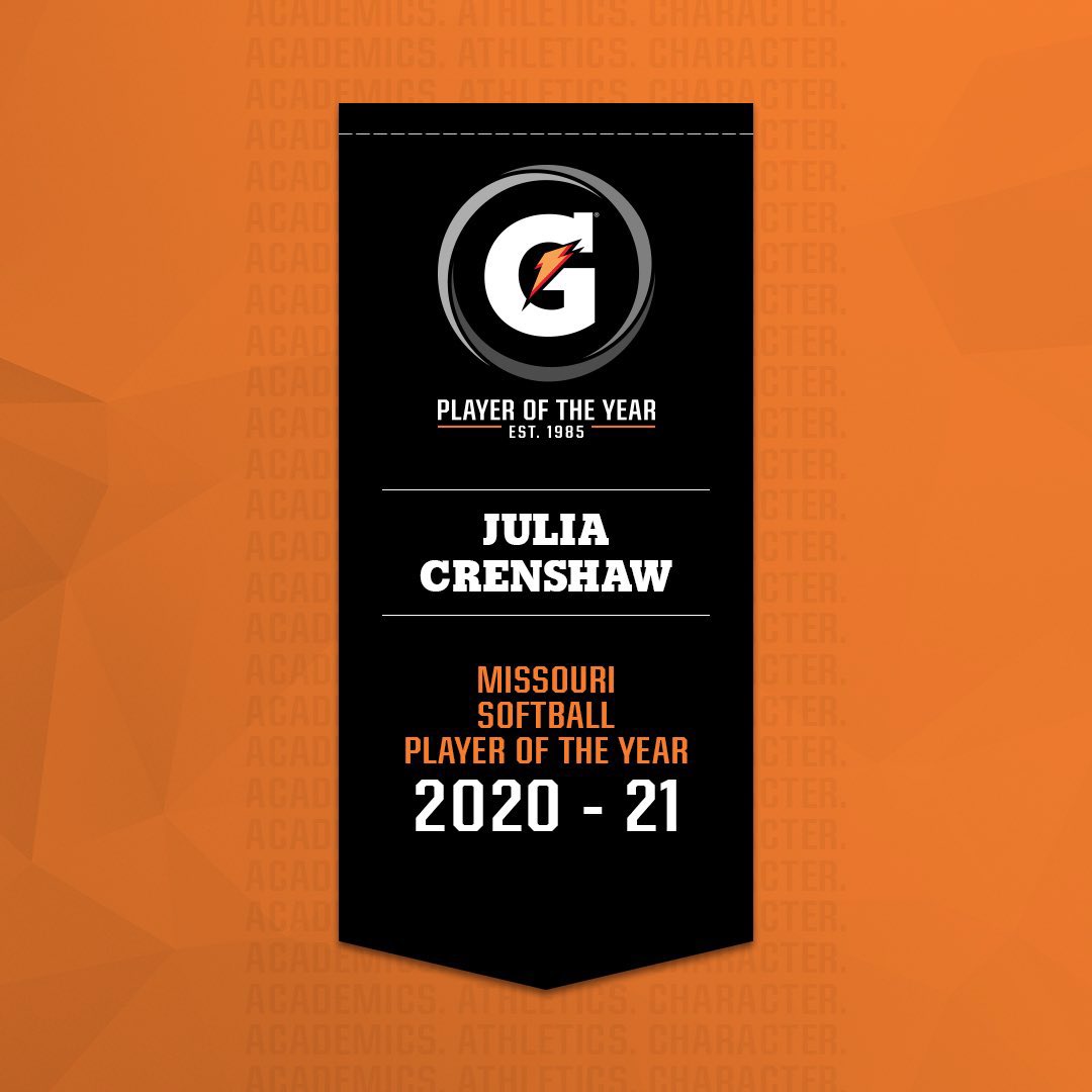 MizzouSoftball's tweet photo. Congrats to @crenshaw_julia on being named the Missouri @Gatorade Player of the Year!

#OwnIt🐯🥎 https://t.co/L87zfawK5l