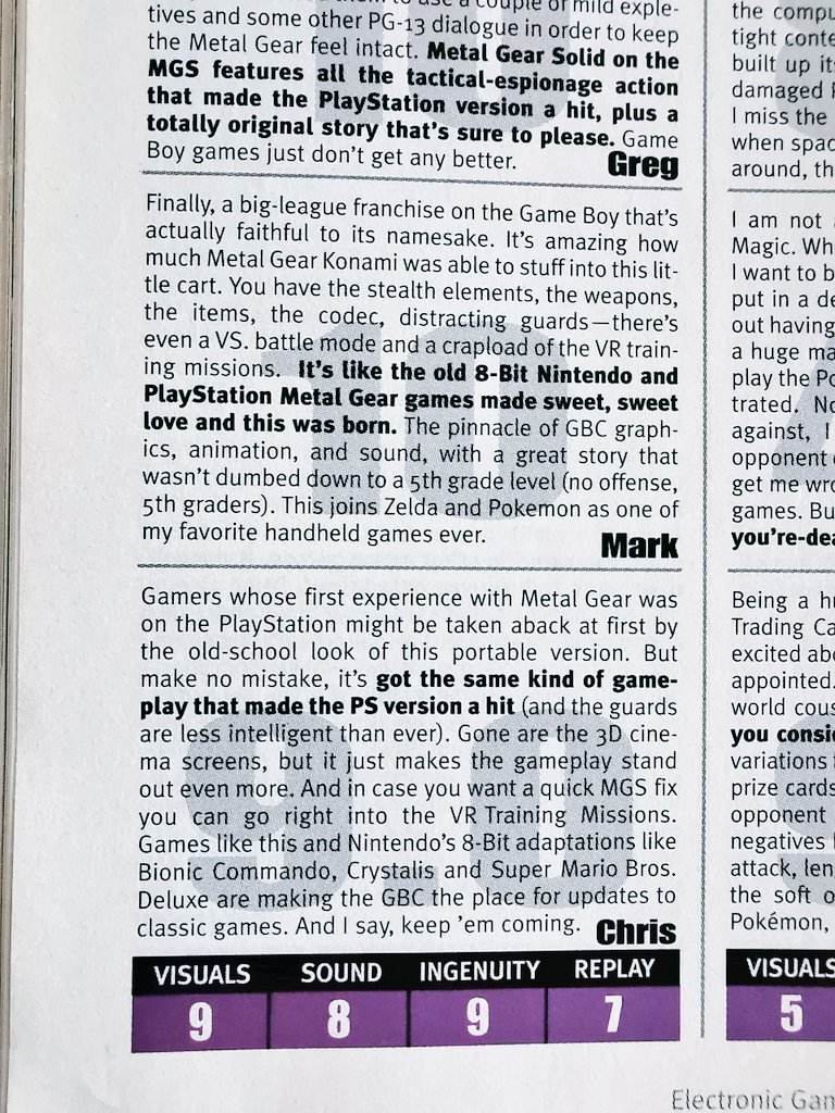 ChrisGoPlay's tweet photo. Did you ever play Metal Gear Solid on Gameboy Color? 

Review and AD in EGM's June 2000 issue.

#MetalGearSolid #GameBoy #GamersUnite #GamingAD #GameADs #RetroGames #RetroGaming #GamingMags #GameMagazines #GamingMagazine https://t.co/jAKjhCKkJO