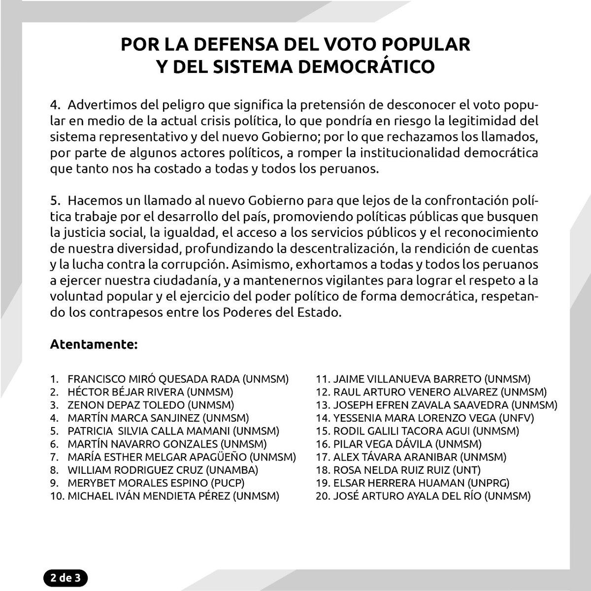 MartinMarcaS's tweet photo. Un grupo de politologos y docentes de Ciencia Política nos pronunciamos antea coyuntura electoral. Exhortamos a la ciudadanía a estar vigilantes y al nuevo Gobierno a ejercer el poder de forma democrática. 

Para sumarse: https://t.co/RkVigVvxrI https://t.co/XJJ0wnnQoG