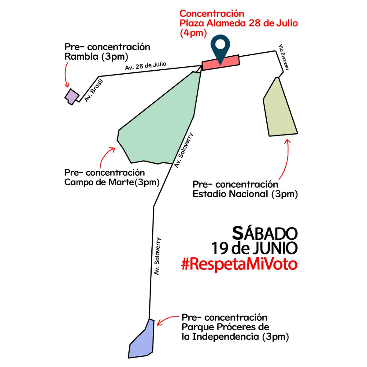Esta es la ruta desde varios puntos de concentración hacia la Alameda 28 de Julio. 💪🏻🇵🇪