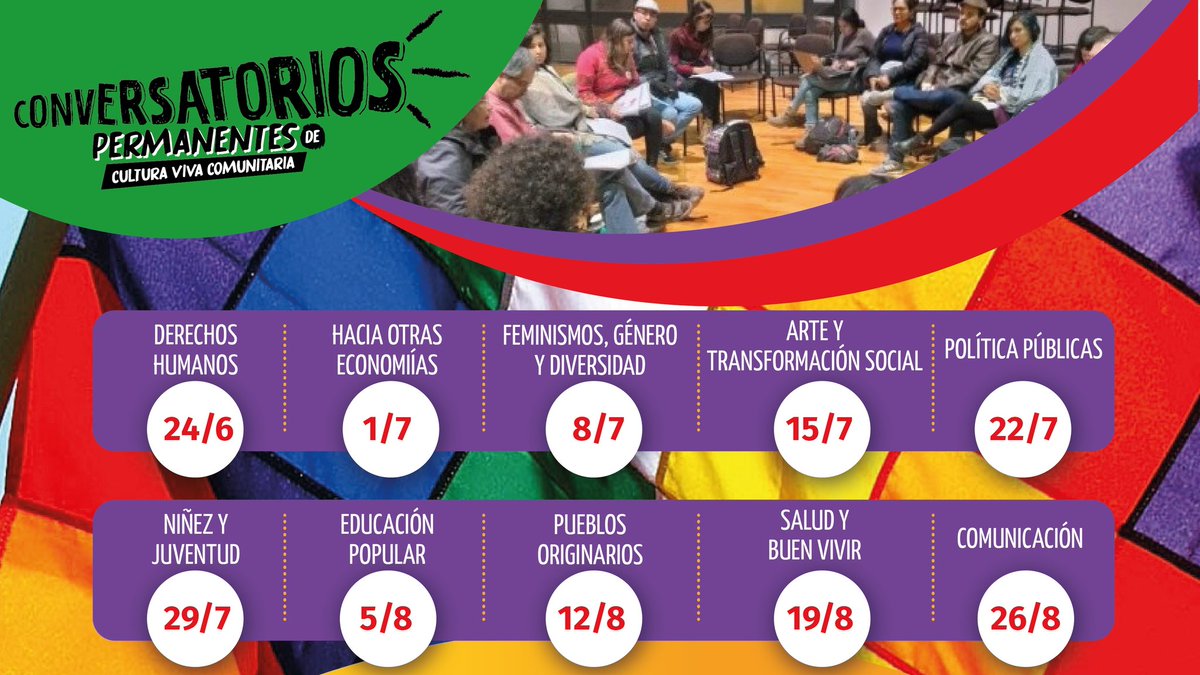 cvcomunitaria's tweet photo. 📣 Súmate:
CONVERSATORIOS PERMANENTES DE CULTURA VIVA COMUNITARIA LATINOAMÉRICA🔥
🔸6:00 p.m. (Hora Perú)
🔹Las transmisiones en vivo serán por YouTube https://t.co/F3o1cK71Te
¡Pronto iremos compartiendo más detalles! 📱💻
#CulturaVivaComunitaria #cvc #CongresoCVC #latinoamerica https://t.co/KwFUty0bw7