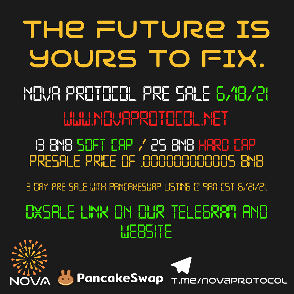 ProtocolNova's tweet photo. LAUNCH IS LIVE! Don't miss out on our presale live NOW!
https://t.co/67n43bGgOC
#BSCPAD #BSCGem #Dxsale #Presale #SAFEMOON #BinanceSmartChain #BSC #cryptocurrencies https://t.co/4bTr9NbjNm