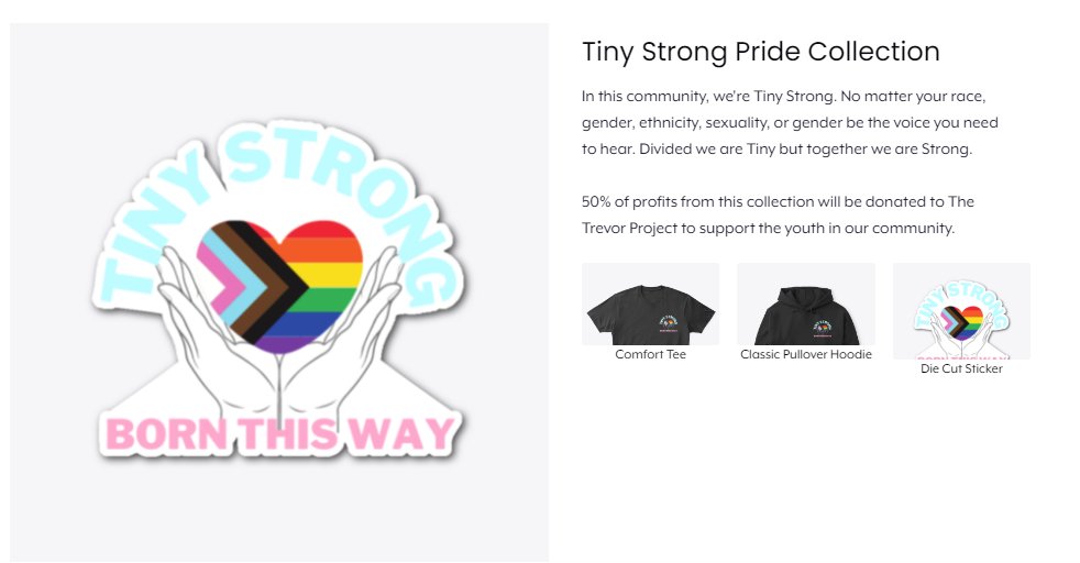 teenytinyneigh's tweet photo. Pspspsp hey twitch chat, girls, gays, theys and everyone in between! #TinyStrong merch collection launched today! From now until the end of the year all profits are being donated to the Trevor Project and every sale after that date 50% of profits will be donated! #thetinyside https://t.co/ACbo1yHsoB