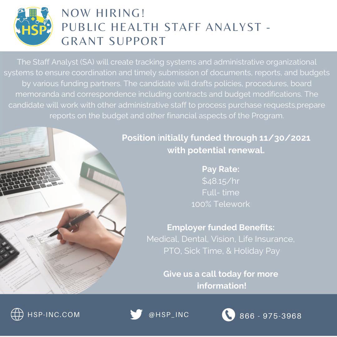 HSP_Inc's tweet photo. #PublicHealth #Remote Job Opportunity!
For more information and to Apply Visit us at https://t.co/6vJaoz5cuG
#healthcare #mentalhealth #publichealthjobs #publichealthjobopenings #LADPH #losangelescounty #LAjobs #Master #MPH #reporting #coordinator #policyjobs #dataanalysis https://t.co/OE1Ry9bDQi