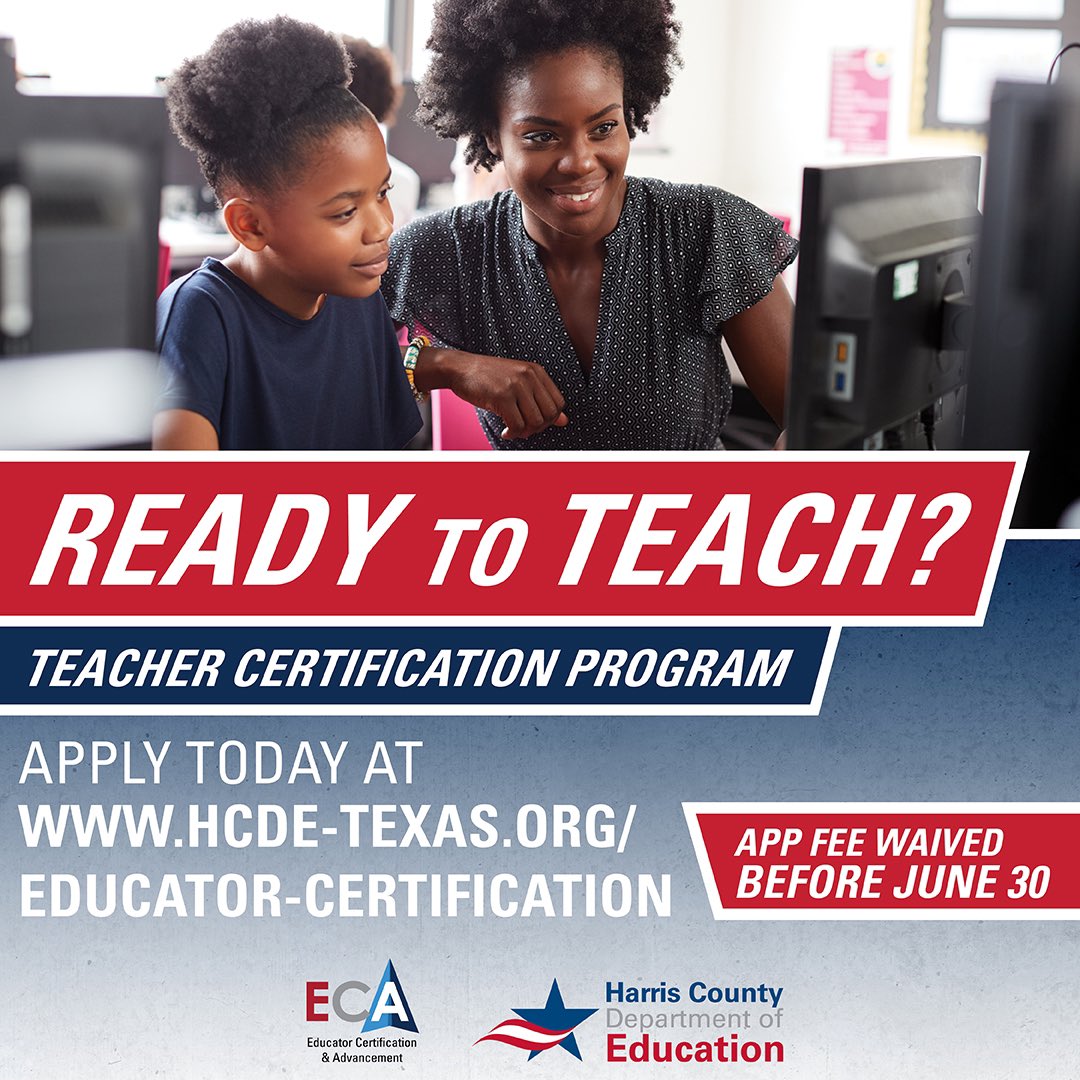 HCDETeachNow's tweet photo. Become certified teacher with @HCDETeachNow! For details, register for one of virtual info mtgs: June 22 @ 10am wrkshp 13129 or June 24 @ 2pm wrkshp 13130. If admitted, get a Scholarship =50% off Program Cost! https://t.co/Pdg1LTDrTn  @HCDEtx #teachercert https://t.co/INElqAF2Rc