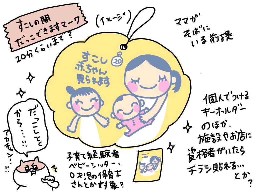 @toppinpararin マタニティマークみたいに厚労省指定&自治体発行とかでキーホルダー・パスポートみたいなんあればいいですよね…「赤ちゃんサポーターいます!」みたいな貼り紙とか☺️役所とかお店とかで抱っこしてもらうと本当に(おかあさん先輩…‼︎)と安心したものですし、今職場でそれをやる側になると嬉しい… 