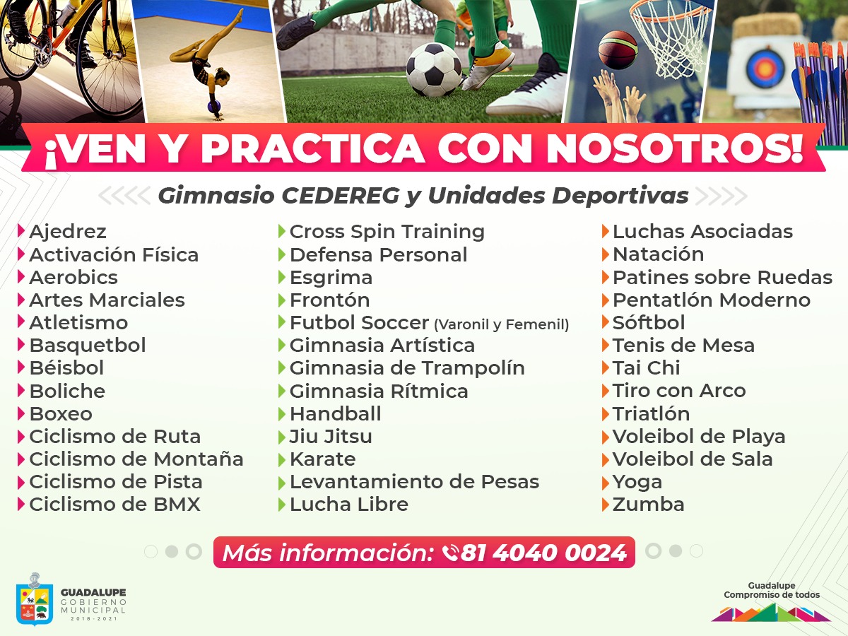 municipiodegpe's tweet photo. Las clases y entrenamientos en el Gimnasio CEDEREG y Unidades Deportivas de Guadalupe ya están disponibles. Los invitamos a llamar de lunes a viernes de 9 AM a 5 PM para más información sobre requisitos e inscripciones. https://t.co/NUc8HkgM8G
