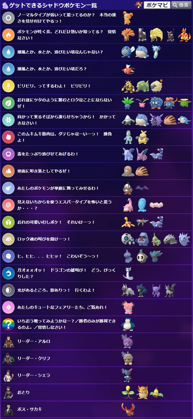 ポケモンgo攻略情報 ポケマピ No Twitter ほしのすな1000 アメ1個でリトレーンできるシャドウポケモン 狙い目セリフ 男 潮風とか 水とか 浴びたい頃だろ 女 あたしのポケモンが華麗に舞ってみせるわ 男 ロック魂の叫びを聞けーっ 女 光がある