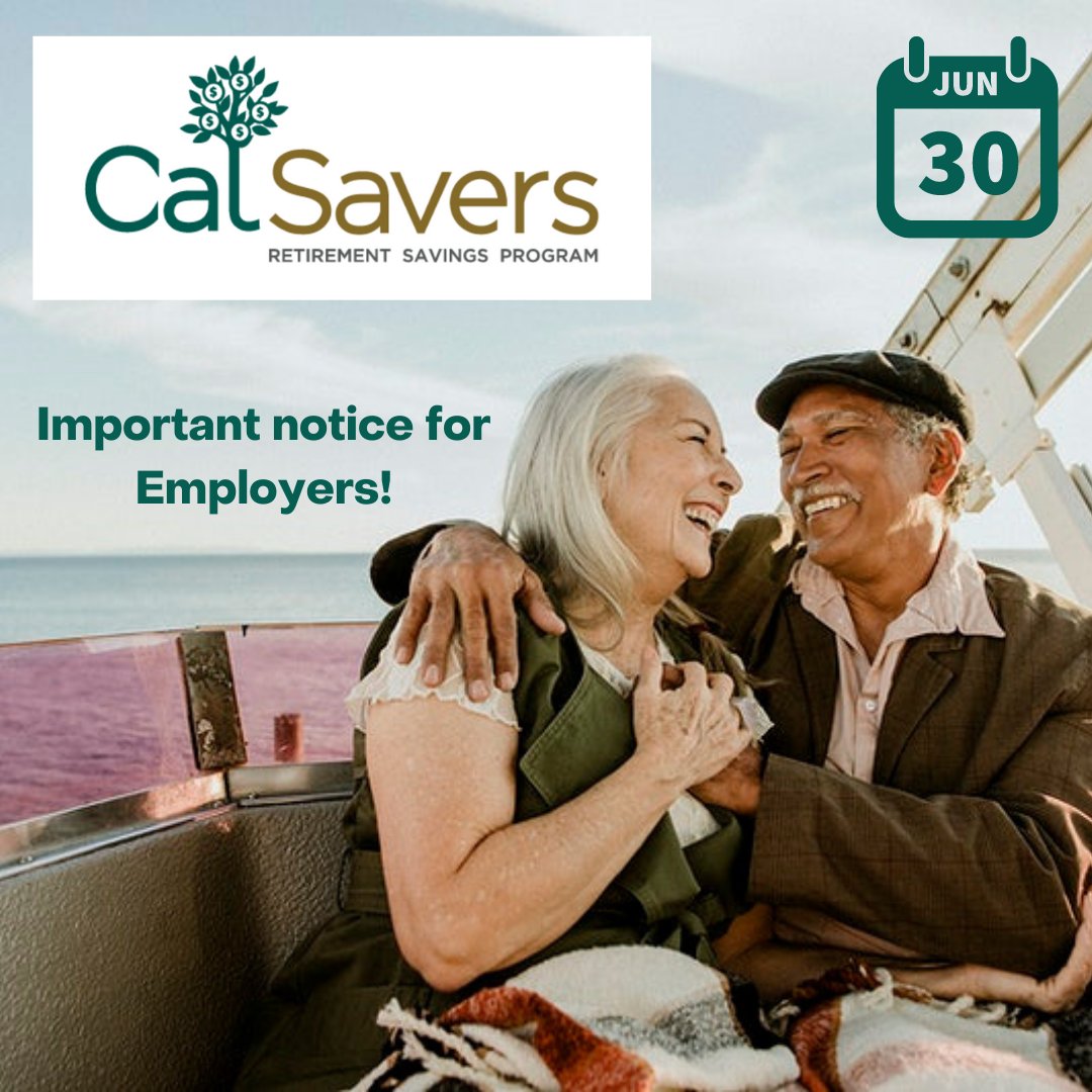 Hello employers! June 30 is the deadline to register for CalSavers if you have >50 employees and you do not yet offer a retirement plan. Visit @CalSavers to join a live virtual workshop June 29 to learn more about the program. Link to register: ow.ly/34DC50Fd1wh