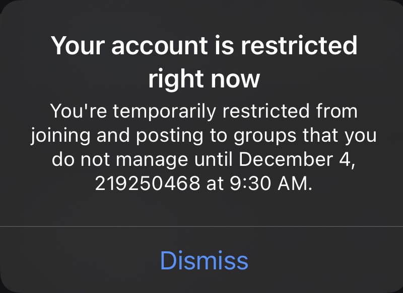 AuthorPa's tweet photo. That moment when you catch a #Facebook ban, don’t know why you caught it, then find out you’re banned from posting in groups for over 219 million years. https://t.co/ZU6kcAB1Gy