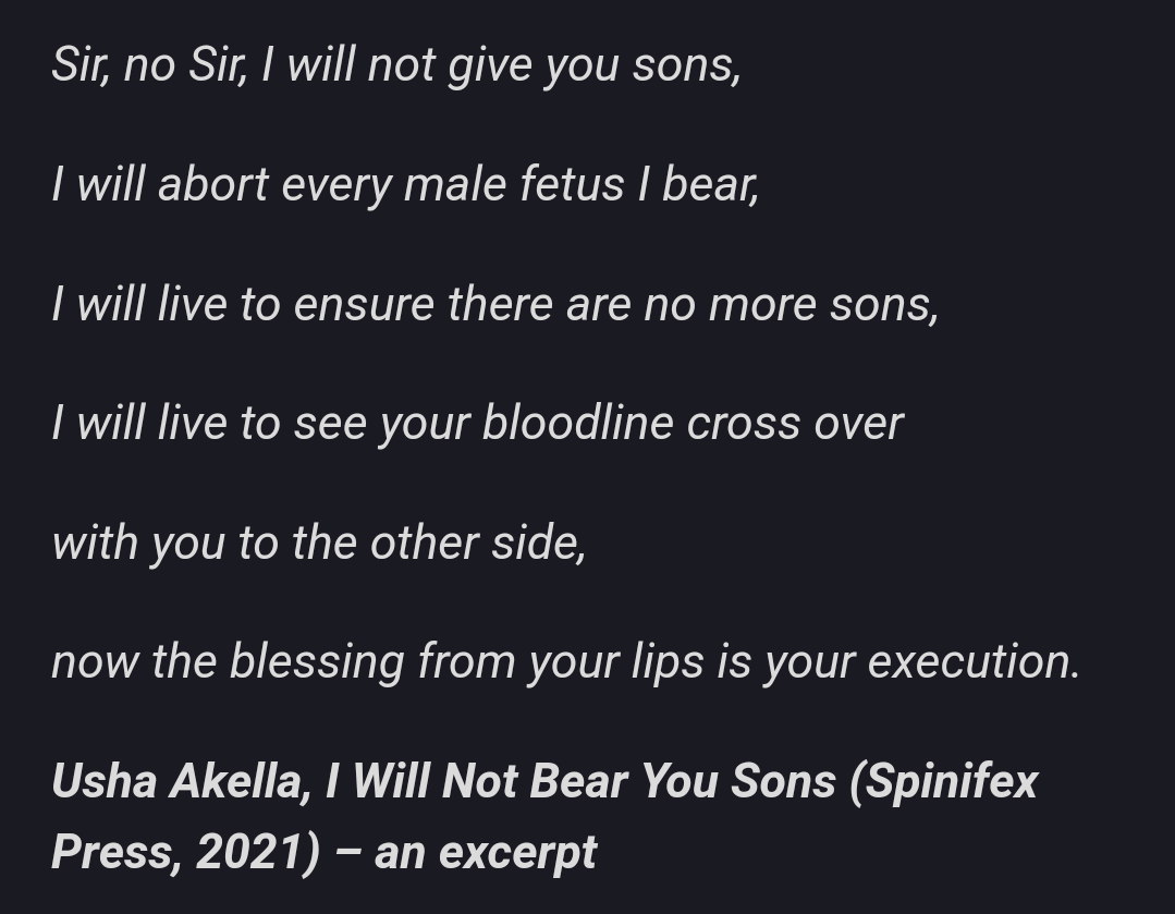 Dear @NCPCR_ @KanoongoPriyank ji Here's a new book by Feminist Poet Usha Akella titled | 'I Will Not Bear You Sons' Sharing an excerpt of the same which reads: 'I will abort every male fetus I bear' 🔹️Will there be any action/Will murdering male child be passed of as FOS?