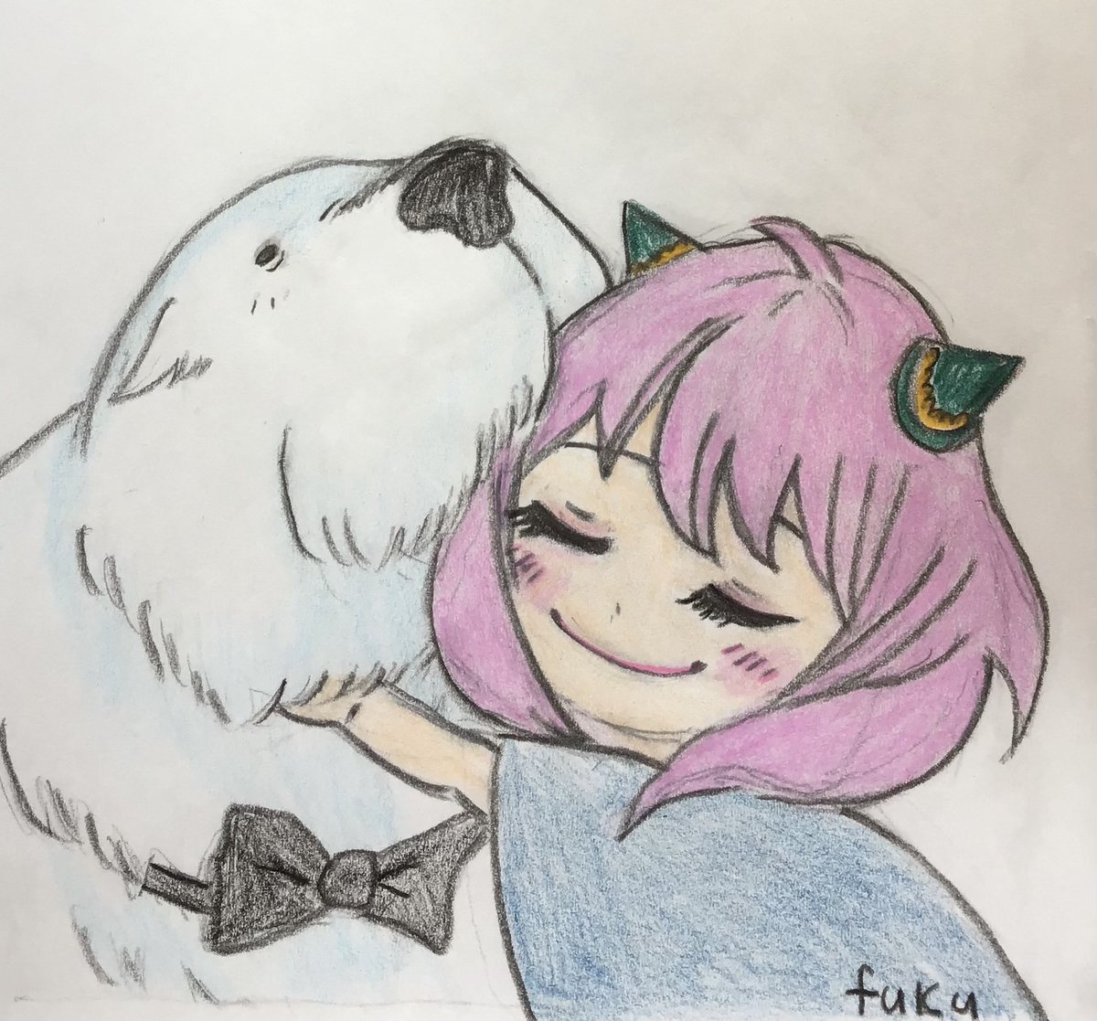 ふくにゃん ボンドと仲良しアーニャちゃん イラスト 色鉛筆 Spyfamily アーニャ ボンド