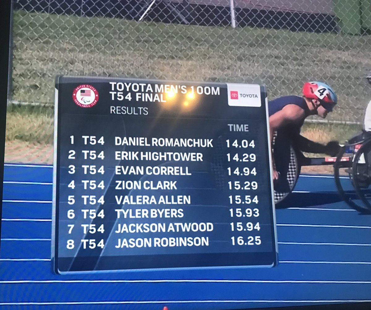 Evan Correll finishes 3rd in 100m Paralympic Trials.  Evan wheeled a new Personal Best, 14.94!