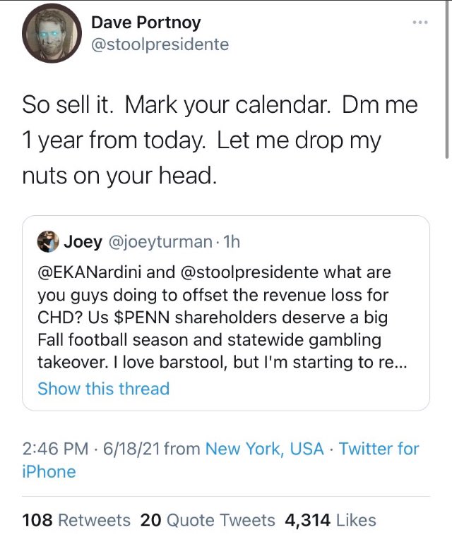 BMafia29's tweet image. Dave Portnoy suspended from twitter for threatening to drop his nuts on $penn basher’s head #FreeDavePortnoy