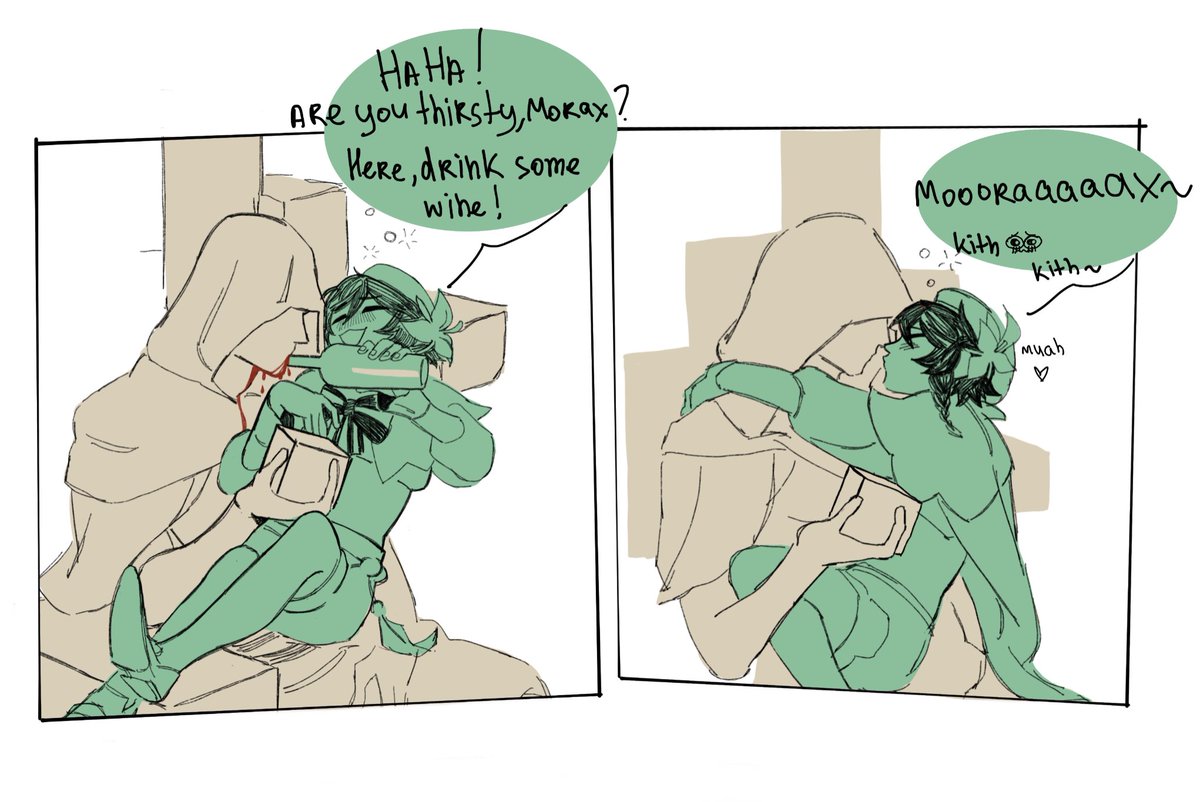 #zhongvenweek2021 
Day: reunion 
Yes I'm gonna do it out of order 
I had this stupid idea for a month now but what if drunk Venti doesn't recognise Zhongli as Morax? He also almost gets in trouble with the law that's mandatory 