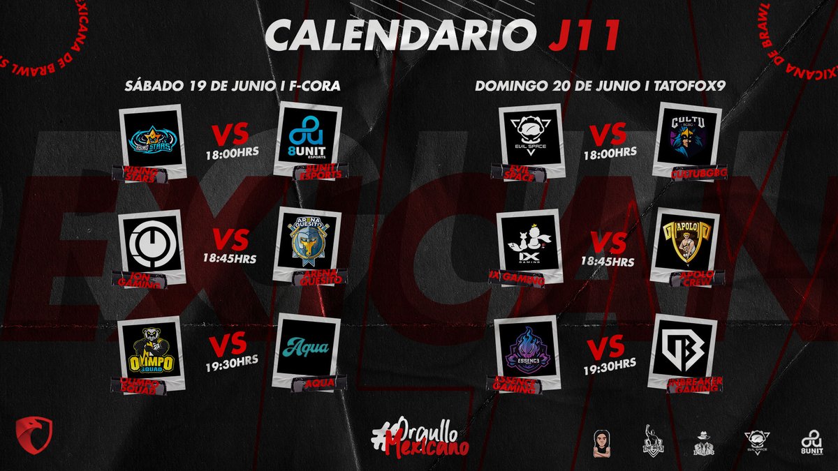 #LMBS21 | CALENDARIO J11

Última jornada de la liga y aún quedan cosas por definir. 

SÁBADO |🎙<a href="/FCORA8/">F-CORA</a>
📺 twitch.tv/f_cora?sr=a

DOMINGO |🎙<a href="/tatofox9/">Tatofox9</a>
📺 twitch.tv/tatofox9?sr=a

#OrgulloMexicano 🇲🇽