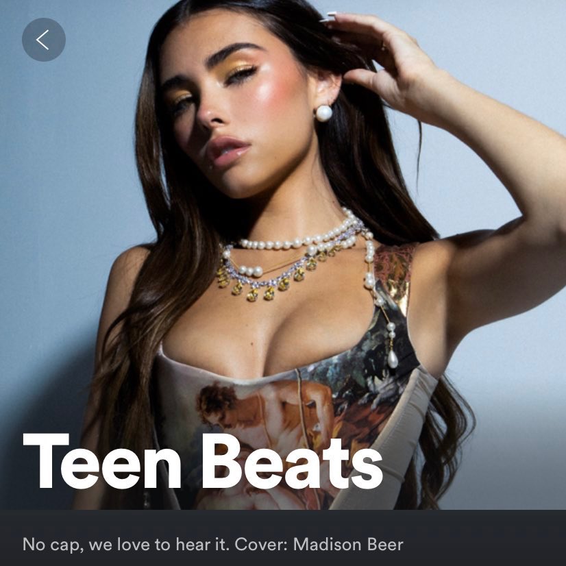pymadisonbeer's tweet image. “Reckless” de @madisonbeer es ahora la quinta canción de &quot;Teen Beats&quot;, una lista de reproducción oficial en Spotify. 

— Madison Beer también es la portada de la lista de reproducción.
