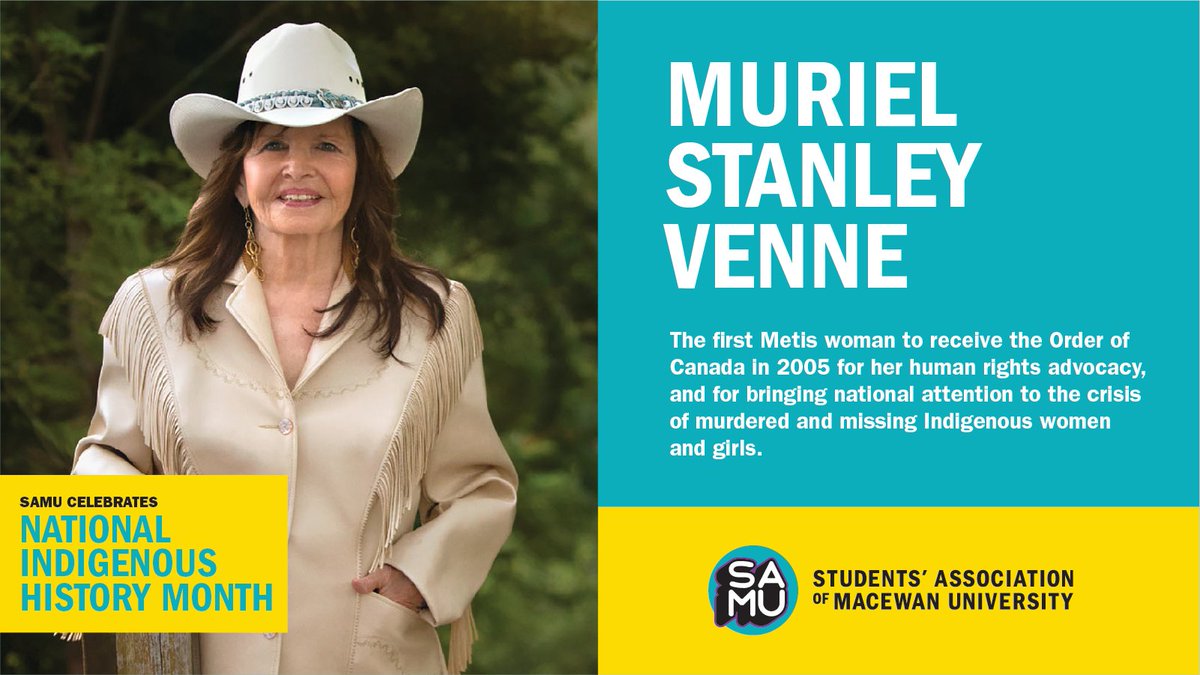 Today's #NationalIndigenousHistoryMonth feature is the President &amp; Founder of the Institute for the Advancement of Aboriginal Women, Muriel Stanley Venne. We're hope you take some time today (or any day!) to learn more about Muriel and her achievements. #NHIM2021 #SAMacEwan