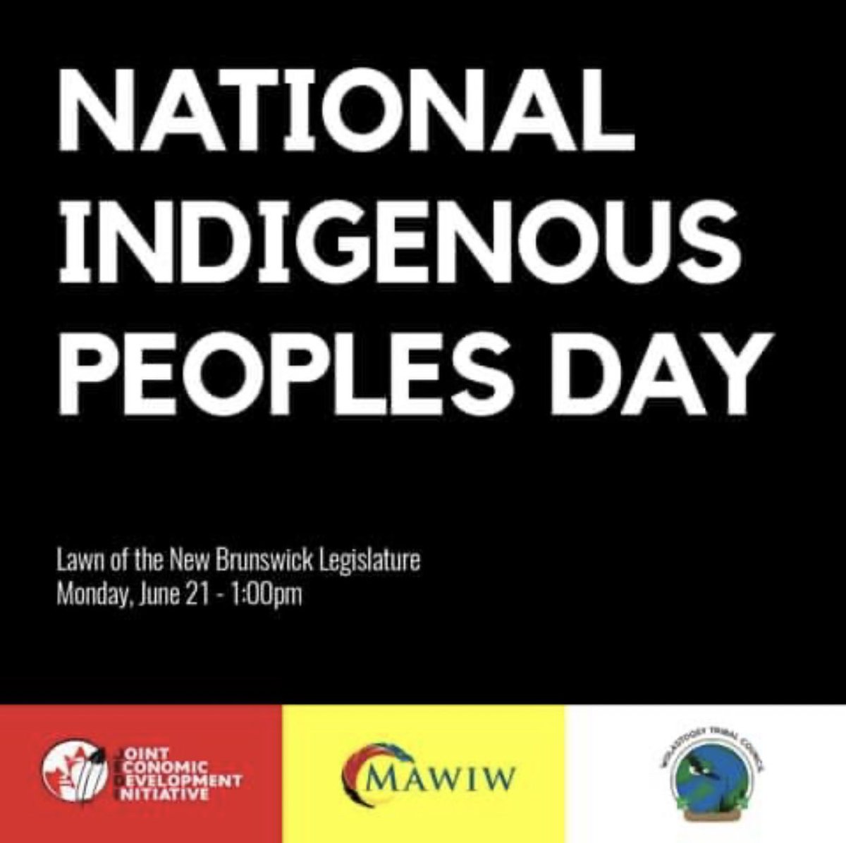 Please join us Monday Jun 21 #IndigenousPeoplesDay #Fredericton #NewBrunswick #Wolastoqyik #mikmaq 🦅🧡🌈