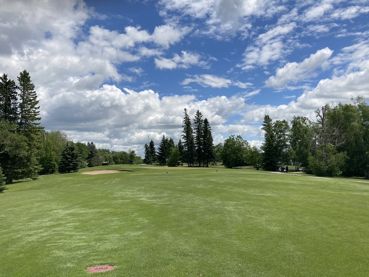 Hole #9 today.  One of my favourites! Dogleg to the right, a left to right ball flight with the big dog is what will get you a look at this green.  Anything from 135 yards and out it will be a blind approach.  Green slopes away from  centre in all directions.   Great hole!