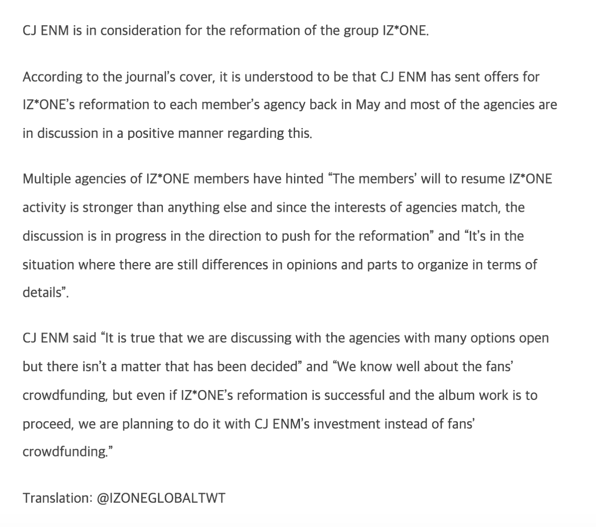 IZONEGLOBALTWT's tweet photo. 📃 [NEWS] 210619 CJ ENM "Pushing for IZ*ONE's reformation"...would a "fan-made group" be established

🔗 https://t.co/ad5tHa0zTj

#IZONE #아이즈원 #アイズワン @official_izone https://t.co/PFeNGjTBfC