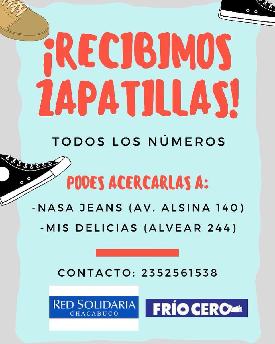 RedSolidariach's tweet photo. Se acerca el frío y muchas familias de nuestra ciudad necesitan de nuestro compromiso.
Recibimos calzado, en todos los números.
¿Nos ayudas a difundir? ¡Muchas gracias!
#FríoCero #Chacabuco https://t.co/y1Y4TVFvLv