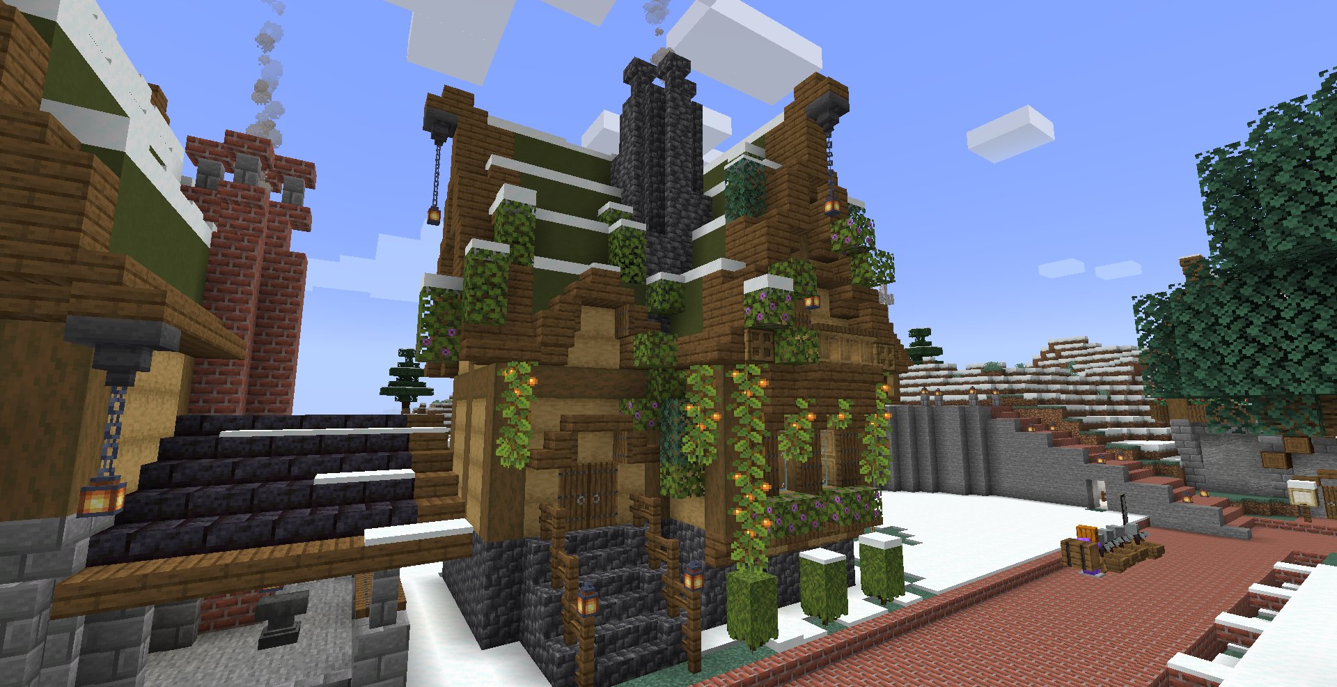 むゆみ 石工さんの家を建てました 1 17の新要素多めの建築をしてみました 深層岩が煙突と合います O ツツジと苔ブロックで作れる低木可愛くておしゃれです マイクラ Minecraft Minecraft建築コミュ サバイバル建築クラブ T Co