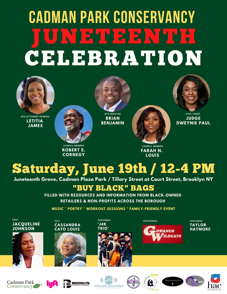 Tomorrow we celebrate #Juneteenth <a href="/CadmanPark/">Cadman Plaza Park</a> in #Brooklyn.

Join us from 12-4PM

Support Black-owned businesses, hear from a powerful lineup of speakers &amp; enjoy family-friendly activities, music &amp; two workout sessions.

Register &amp; get a FREE <a href="/lyft/">Lyft</a> ride ⤵️ tinyurl.com/JuneteenthCadm…