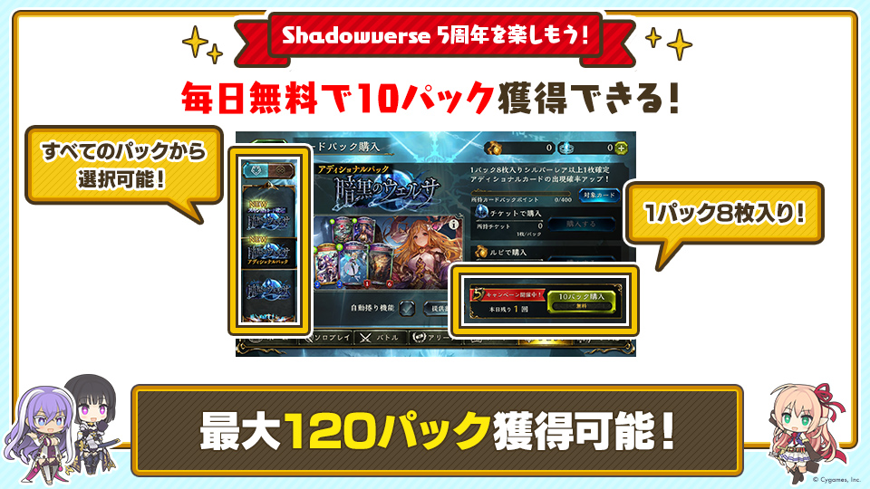 Shadowverse公式アカウント على تويتر シャドバ5周年 楽しみ方 ログインすると毎日無料で10パック獲得できるキャンペーンを実施中です まずは沢山カードを手に入れましょう ルピの獲得方法などは過去に投稿したモーメント シャドウバース初心者教室 も参考 Shadowverse公式アカウント على تويتر シャドバ5周年 楽しみ方 ログインすると毎日無料で10パック獲得できるキャンペーンを実施中です まずは沢山カードを手に入れましょう ルピの獲得方法などは過去に投稿したモーメント シャドウバース初心者教室 も参考