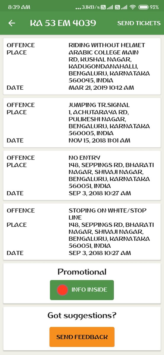 SyedUmar963's tweet photo. Hello Sir,

I had no fine when I checked 3 days ago. 

But all of. A Sudden when I check today I have 4 violations ... Why is this so?

Please help me rectify this .  @blrcitytraffic @blrcitytraffic  @BlrCityPolice https://t.co/qi8MZdGDF5