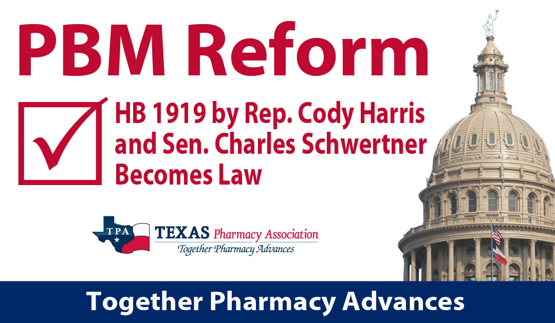 TXpharmAssn's tweet photo. PHARMACY WIN: PBM steerage bill becomes law! HB 1919 by Rep. @CodyForTexas &amp; Sen. @DrSchwertner protects community pharmacies and ensures patient choice by prohibiting PBMs from steering patients to pharmacies they own. #pharmacy #PBMReform #txlege https://t.co/t6H5TYIsZb https://t.co/5eC3SLwOKT