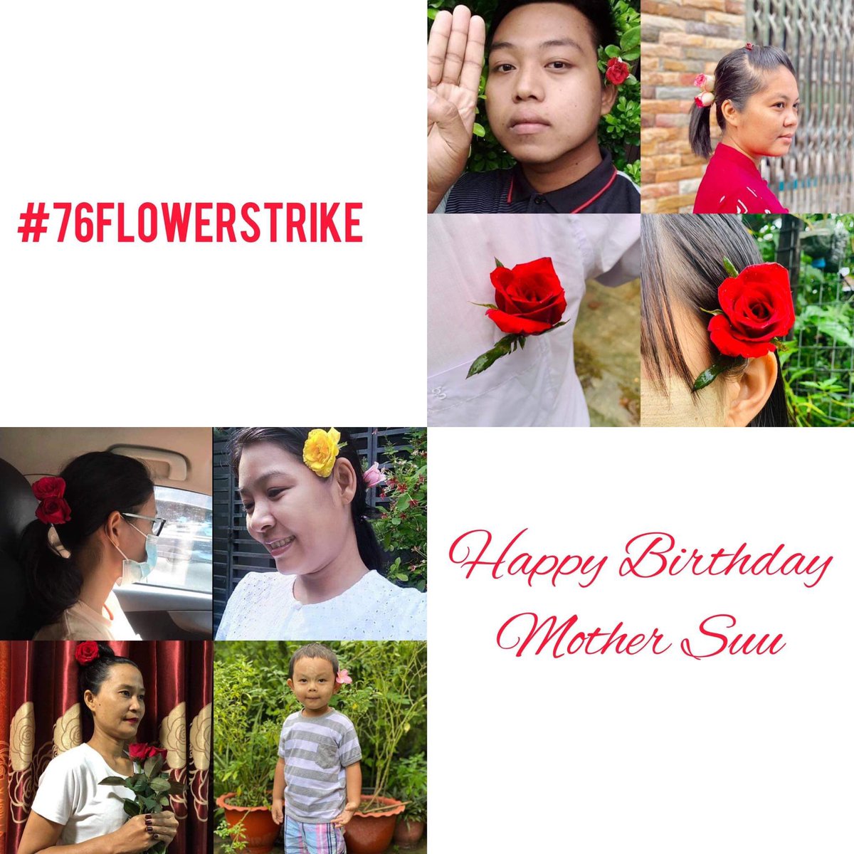 HelloKi72828969's tweet photo. We (#DagonMyothit_North) joined Flowers Strike for 76th Happy Birthday Our Mother Suu. FREEDOM FROM FEAR #June19Coup #76FlowerStrike 
#WhatsHappeningInMyanmar https://t.co/jjV4VJrINE