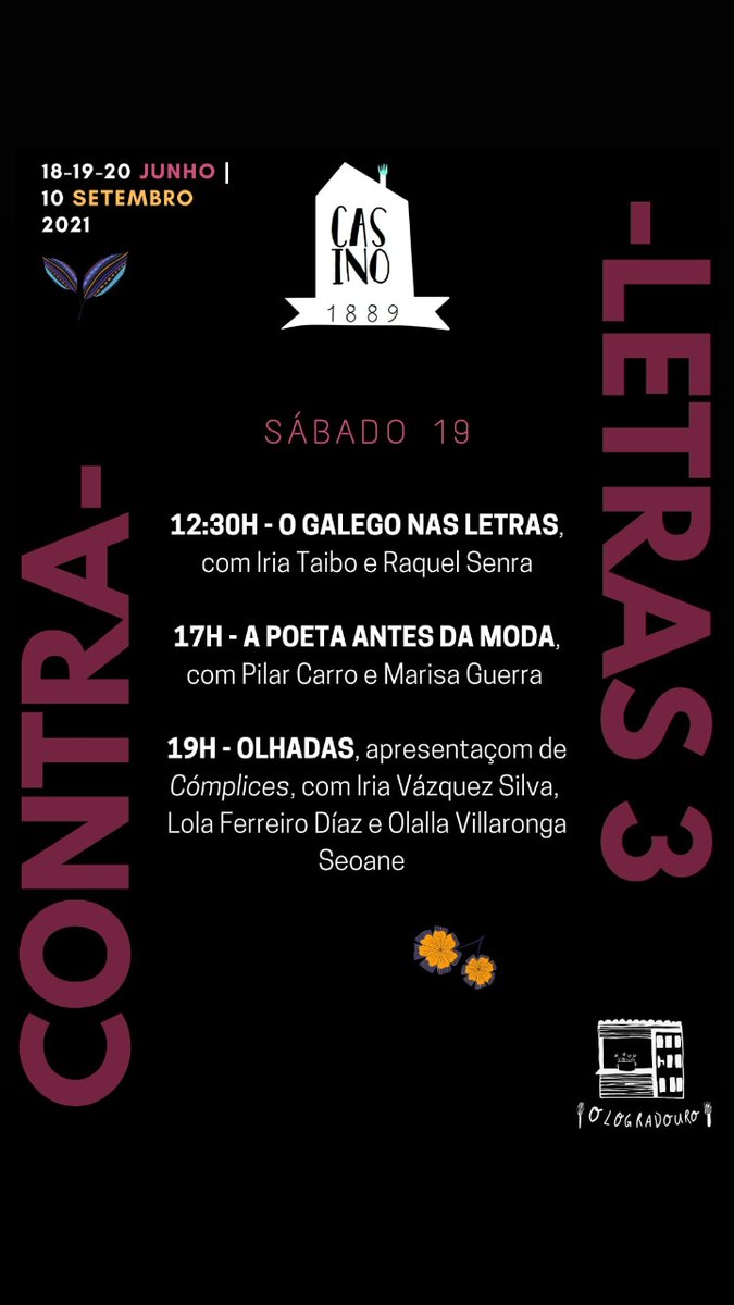 📍Hoxe, sábado no #ContraLetras do #Casino, temos esta pedazo xornada preparada para vós ⬇️ non a perdades! 

📚#Contra #Letras #Galiza #Carballo
🗣️#Tradutoras #Profesoras #Escritoras