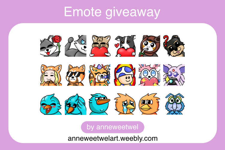 ~TWITCH EMOTE GIVEAWAY~ - must retweet this tweet - must follow me - ends June 30th - you'll receive 1 custom emote (picture just shows examples, you can get anything within twitch ToS)! - 1 winner, unless we get more entries than expected. Good luck ✨