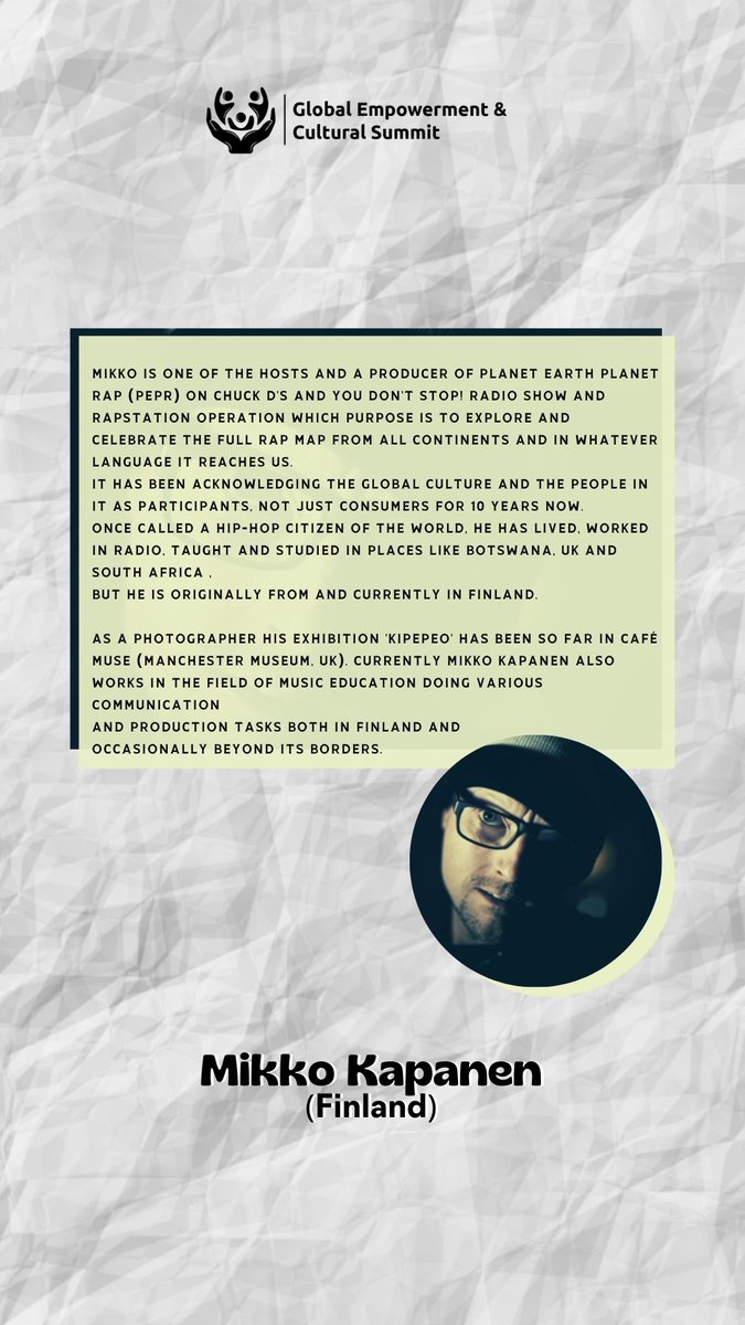 hiphopworkSpain's tweet photo. Este sábado tendremos como moderador en el panel ARCHITECTS OF HIP HOP al gran Mikko Kapanen 
❤️❤️❤️ @PEPRradio
#gecsummit
#GenerationHipHopGlobal
#hiphoplovesfoundation 
Sábado, 19 de Junio a las 18h (hora española) https://t.co/SOnkMGhzfL