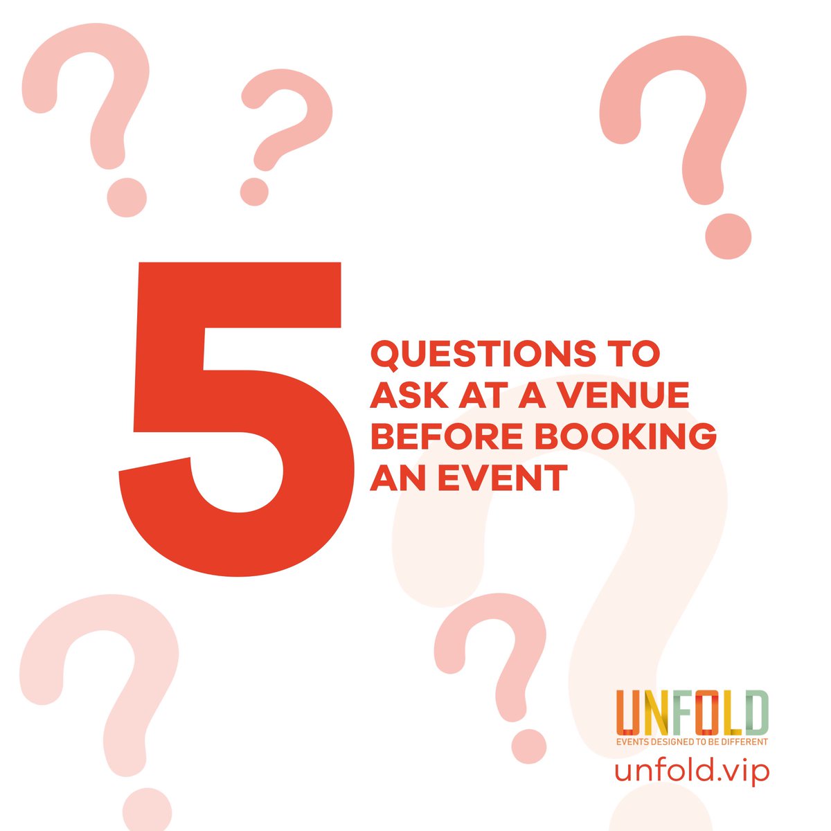 UnfoldEventsVIP's tweet image. Ever wondered what to ask a venue before booking an event? We’ve got you covered! Swipe Left 👈 to check out 5 important questions questions you must ask every venue…
