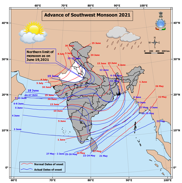 Indiametdept's tweet photo. Progress of southwest Monsoon as on 19 June 2021

♦ Southwest monsoon has further advanced into remaining parts of north Arabian Sea, Saurashtra, Gujarat region &amp; Madhya Pradesh, entire Kutch, some more parts of Rajasthan and west Uttar Pradesh today, the 19th June.    1/4 https://t.co/c3e2Zx80yG