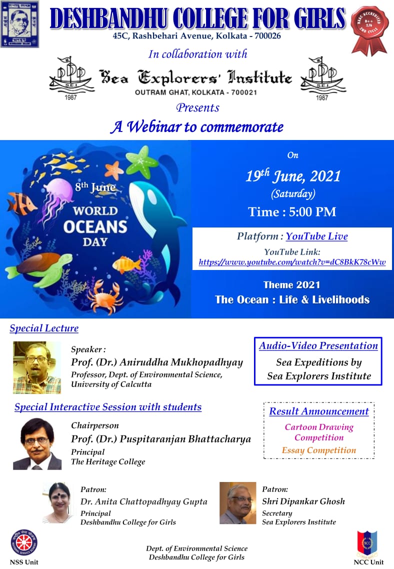 seaexplorersins's tweet photo. @seaexplorersins invites u2the #worldoceansday2021  organized by #DeshbandhuCollegeforGirls of #EnvtScience along with the NSS &amp; NCC Units of the College in #Collaboration with @seaexplorersins 
19thJune2021 #5:00PM #LiveStreaming at https://t.co/PA9lJwiGT9 https://t.co/BQzywLSetb