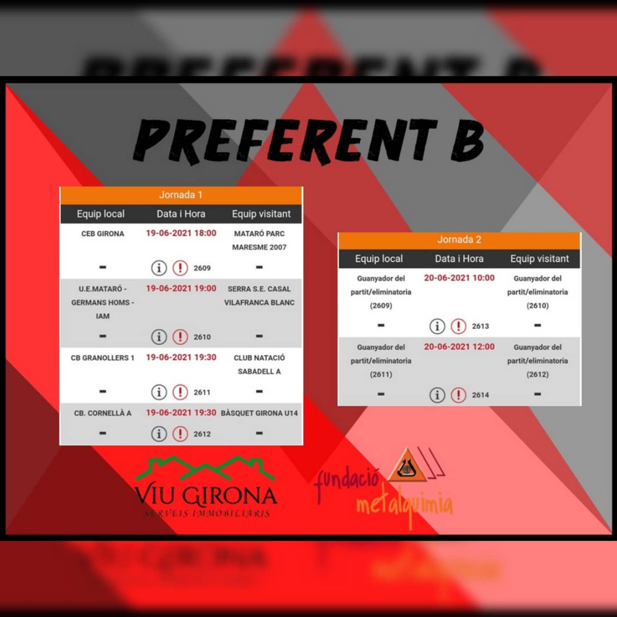 🚀 FINAL A 8 🚀

🏀 L' #InfantilA disputa aquest dissabte el primer encreuament de la Final a 8 de #PreferentB.

📆 Dissabte 19/06
🕕 18:00h.
📍 Pavelló Ramon Sitjà - Girona
🆚️ @cbmaresmeboet3v

➡️ La victòria donarà l'accés a la F4 de demà diumenge.

💪🏼 Enhorabona i sort nois!